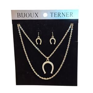 Horseshoe Jewelry Set Silver Tone Necklace Earrings Rhinestone Bijoux Terner